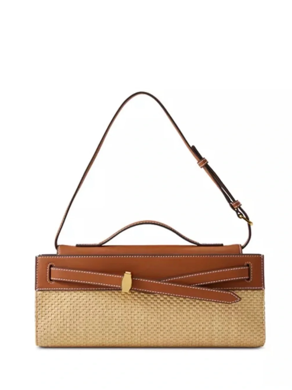 Veronica Beard Dash Raffia Clutch Hazelwood Leather Top Handle Bag - Picture 2 of 12
